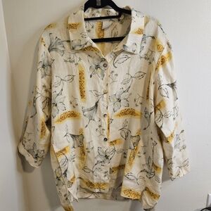 100% Linen Floral Vintage Hawaiian Button Down Shirt Size M/L